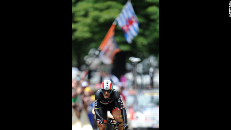 Cancellara, who won the prologue with an individual time trial time of 7 minutes, 13 seconds, sprints to the finish on Saturday.