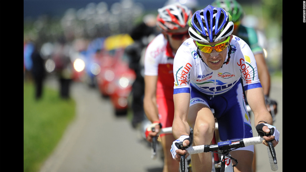 Anthony Delaplace of France leads the six riders in the breakaway group on Sunday. 