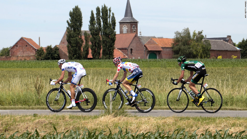 Three riders broke away from the main group early in Stage 2, including (left to right): Anthony Roux of France, Michael Morkov of Denmark and Christophe Kern of France.