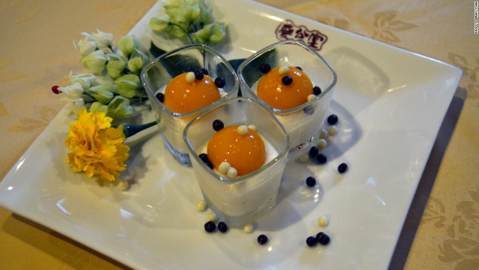 Private kitchen Club Qing calls this dessert &quot;Egg&quot; after the source of protein is ressembles. It is made of tofu and mango.