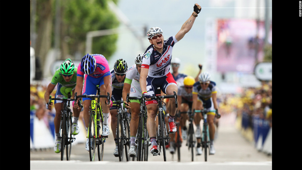 Andre Greipel of Germany and the Lotto-Belisol team celebrates winning Stage 4, from Abbeville to Rouen, on Wednesday, July 4.