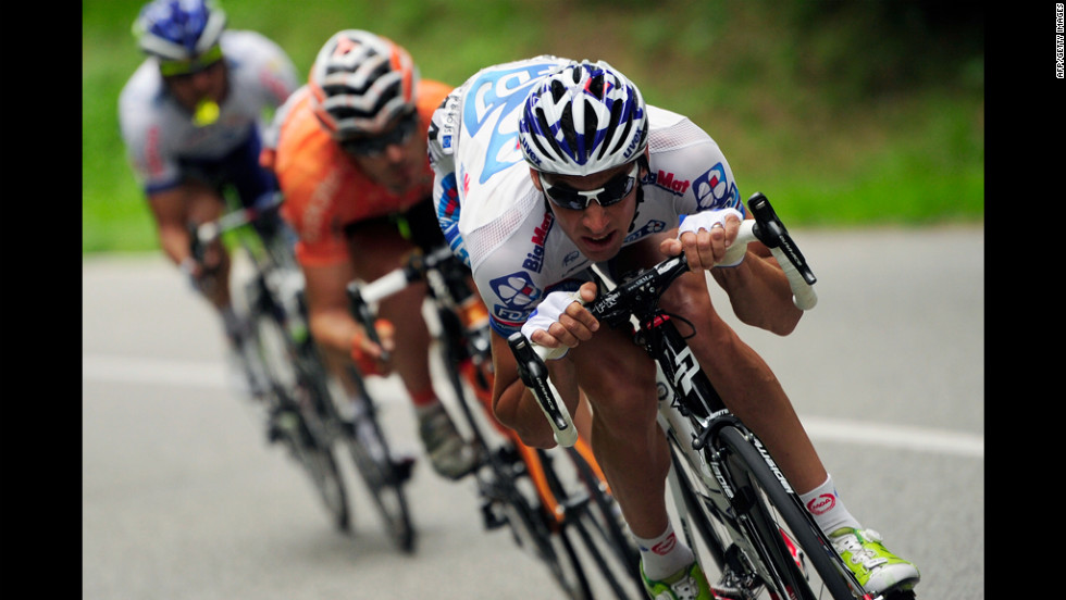 From left: Julien Simon of Saur-Sojasun, Pablo Urtasun Perez of Euskaltel-Euskadi and Matthieu Ladagnous of FDJ-BigMat ride in a breakaway from the main group Thursday.