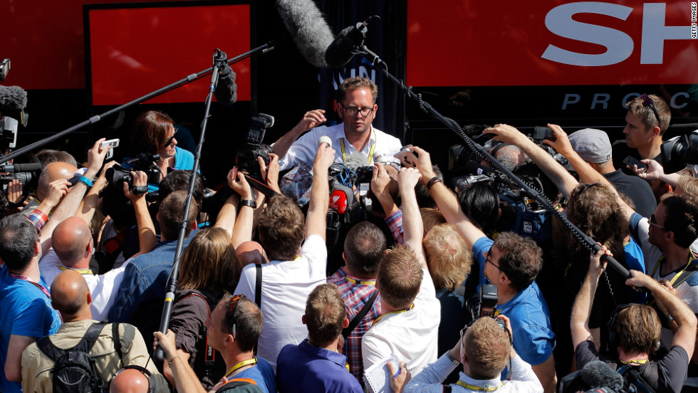 Jonathan Vaughters, director of Team Garmin-Sharp, addresses the media before the start of Stage 5 on Thursday.