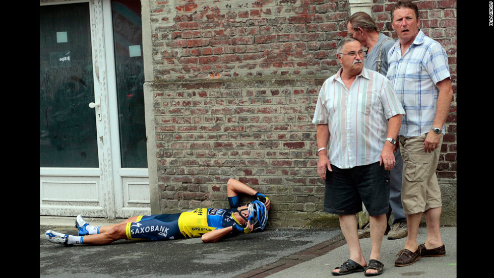 Jonathan Cantwell of Australia lies on the ground after crashing near the finish of Stage 5 Thursday.