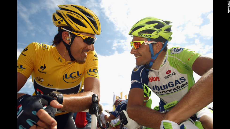 Race leader Fabian Cancellara chats to Ivan Basso of Italy at Stage 5, from Rouen to Saint-Quentin, on Thursday, July 5.