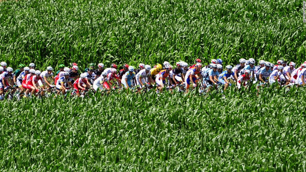 The pack rides by during the seventh stage of the 2012 Tour de France. 