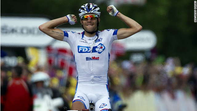 Thibaut Pinot crosses the line to record his maiden stage win in the Tour de France