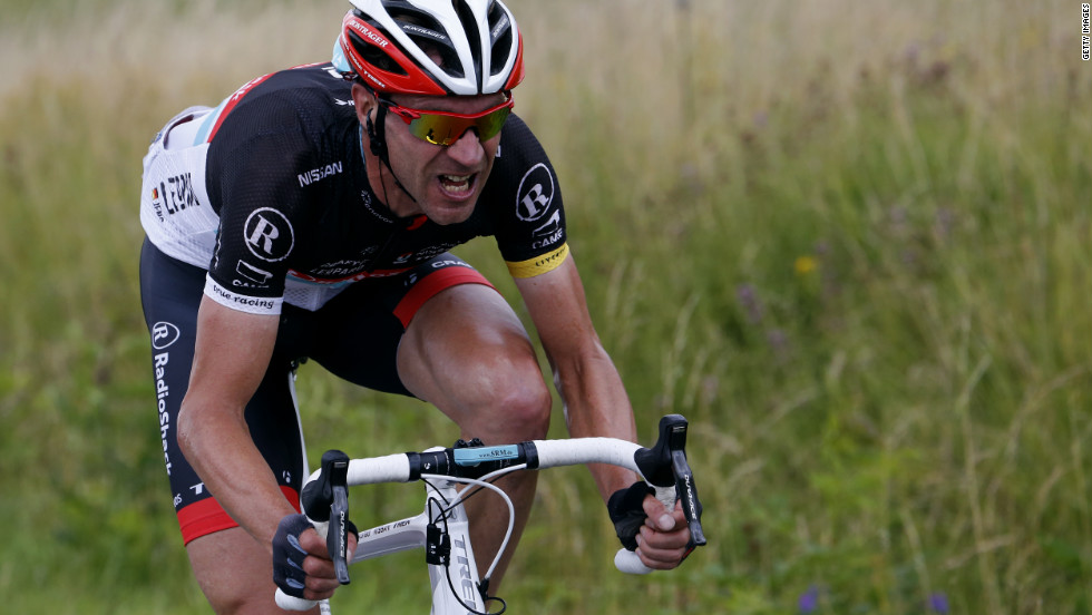 Germany&#39;s Jens Voigt, the oldest cyclist in the Tour at 40, attempts to break away from the peloton during the race Sunday.