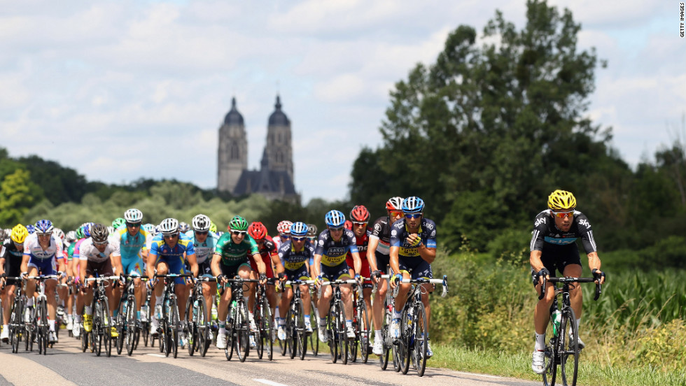 Bernhard Eisel of Austria leads the main group of riders, or peloton, through the French countryside during Stage 7 on Saturday.