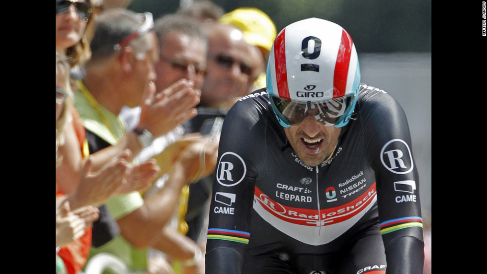 Radioshack-Nissan rider Fabian Cancellara of Switzerland crosses the finish line during the individual time trials.