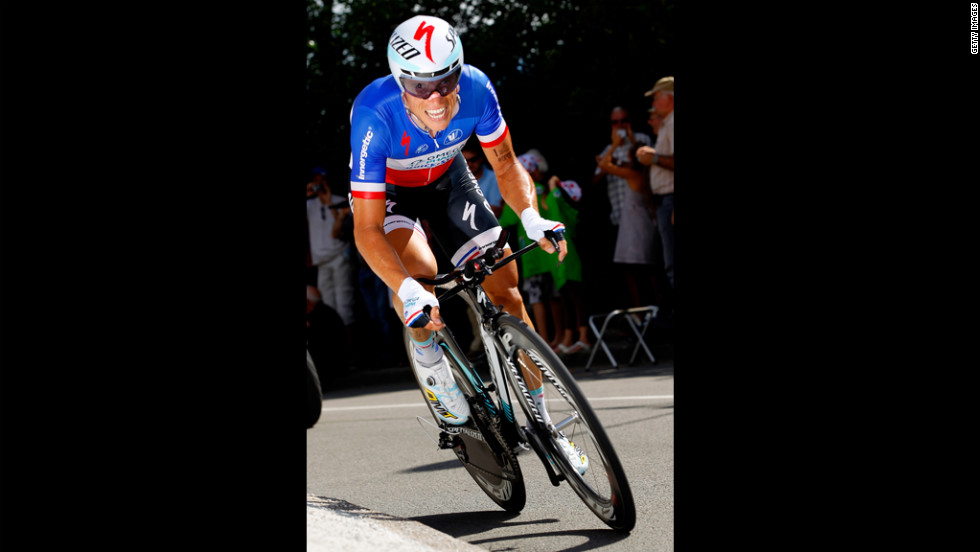 Sylvain Chavanel of France, riding for Omega-Pharma-Quickstep, races to fifth place in the individual time trials.