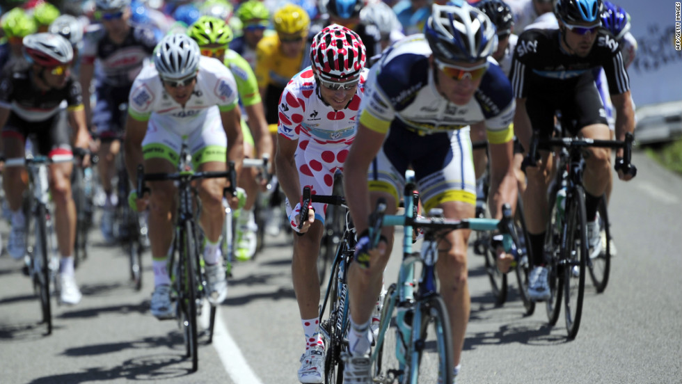 Frederik Kessiakoff of Sweden, wearing the polka dot jersey signifying his position as the best climber in the race, races among the peloton Wednesday.