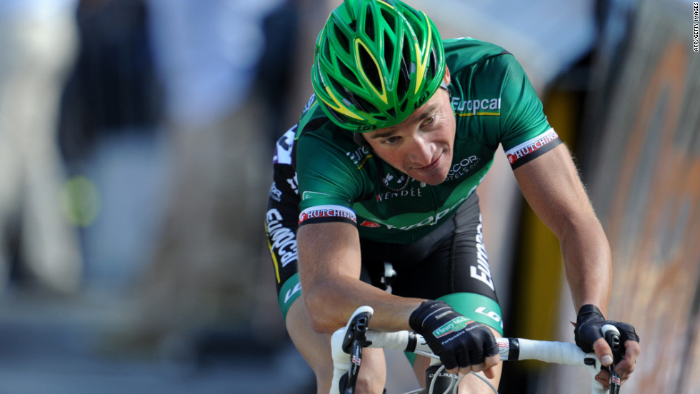 Voeckler crosses the finish line first at the mountaintop finish at Bellegarde-sur-Valserine on Wednesday.