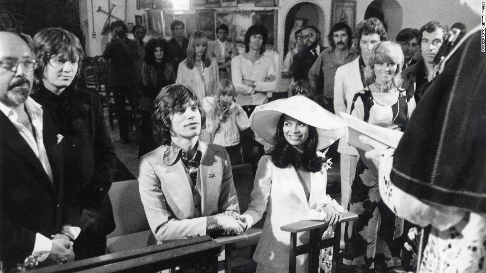 Mick Jagger and Nicaraguan girlfriend Bianca Perez Moreno De Macias marry in a small fisherman&#39;s church in St. Tropez, France, in 1971. Among the guests pictured are film director Roger Vadim, actress Nathalie Delon, photographer Patrick Lichfield, Keith Richards and Anita Pallenberg.