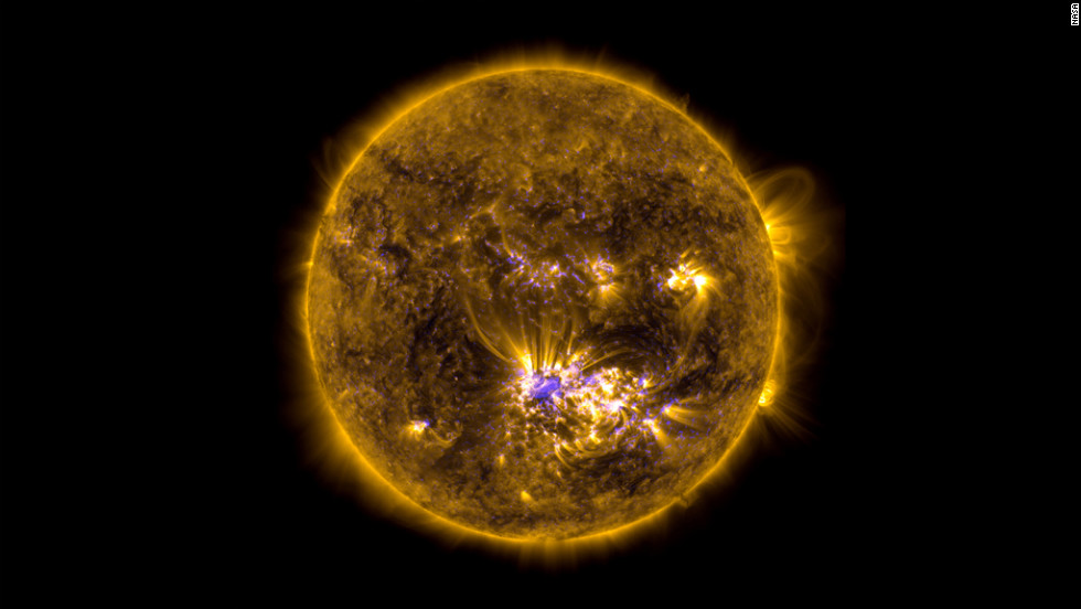 This image combines two sets of observations of the sun on July 12, 2012, from the Solar Dynamics Observatory to give an impression of what the sun looked like shortly before it unleashed an X-class flare.