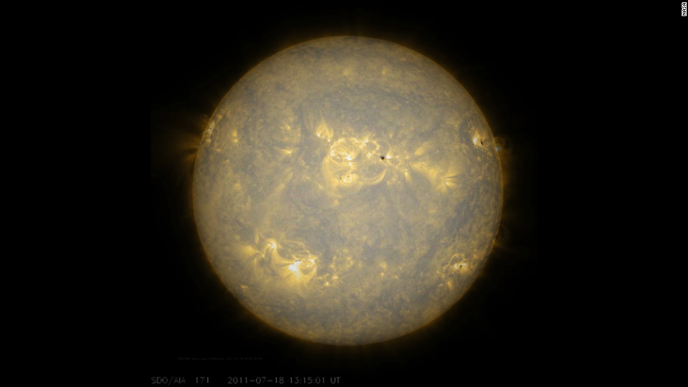 Sunspots, which are cooler, darker areas of intense magnetic activity, are most often the source of solar storms. Here, observations of the sun&#39;s lower atmosphere in extreme ultraviolet light July 17-18, 2011.