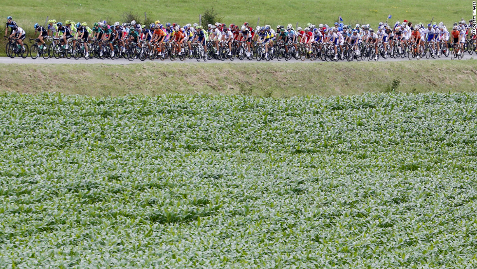 The main group of riders passes by a field during Sunday&#39;s stage, which consisted of two major climbs.