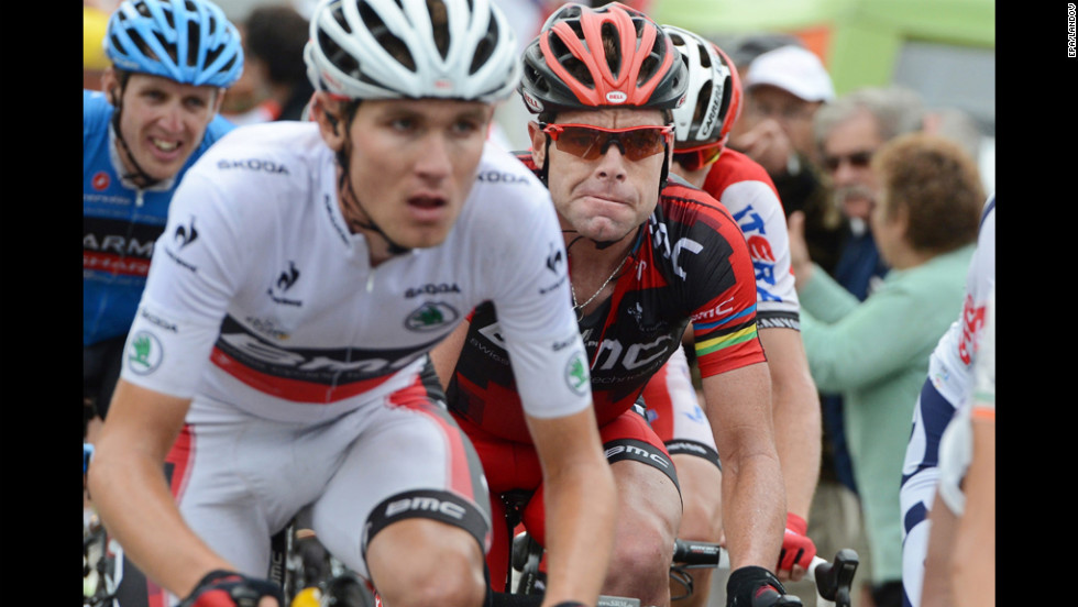 Australian rider Cadel Evans of Team BMC, right, follows closely behind teammate Tejay Van Garderen of the United States, left, who is currently wearing the race&#39;s &quot;best young rider&#39;s&quot; jersey.