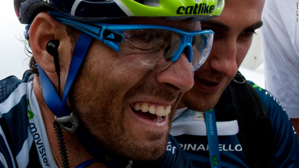 Stage winner Alejandro Valverde of Spain is overcome with emotion after crossing the finish line at the end of the race Thursday.