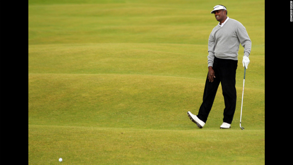 Vijay Singh of Fiji reacts after playing a shot on the third hole Thursday.