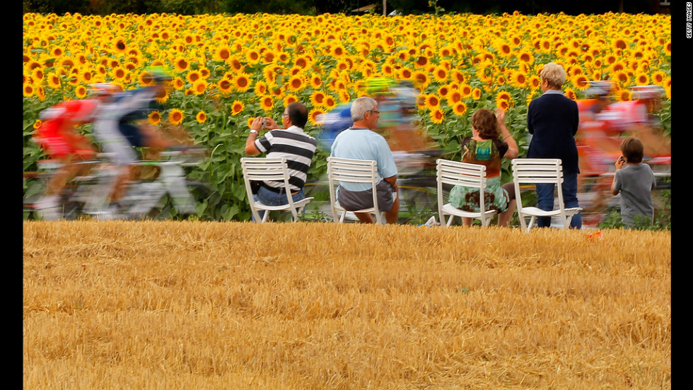 Fans watch as the peloton passes through sunflower fields on Friday.