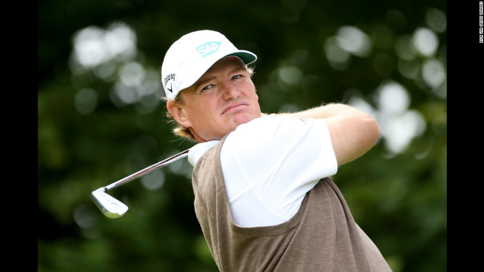 Ernie Els follows through on his swing at the first hole. 