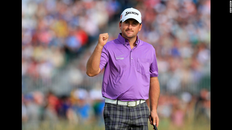 Graeme McDowell of Northern Ireland celebrates making a putt for birdie on Saturday. McDowell and Brandt Snedeker are tied for second, four shots behind leader Adam Scott.