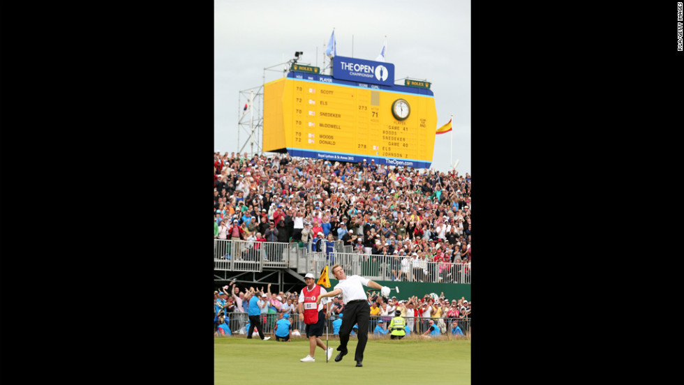 Ernie Els reacts to a birdie putt on the 18th green Sunday.