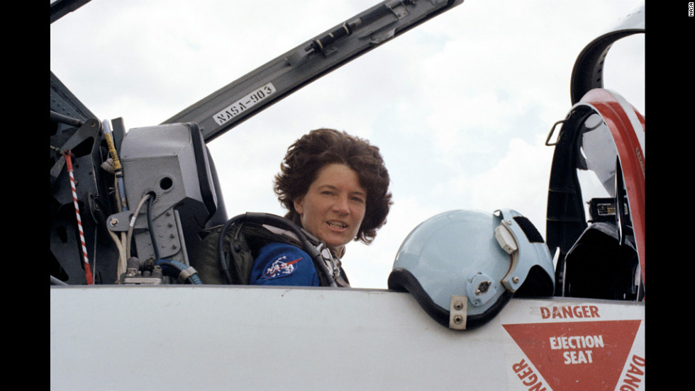 Ride prepares to take off in a T-38 jet as she leaves Houston for Kennedy Space Center in June 1983, three days before the shuttle launch.