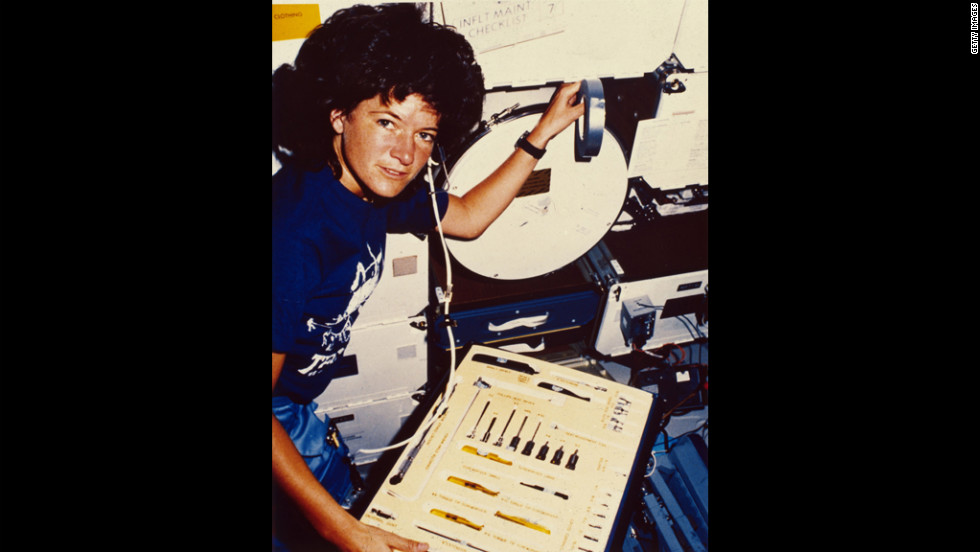 Ride inspects a tool kit during orbit. She also traveled to space aboard the Challenger in 1984. She had been assigned to a third flight as well, but that was scratched after the deadly Challenger explosion in 1986. 