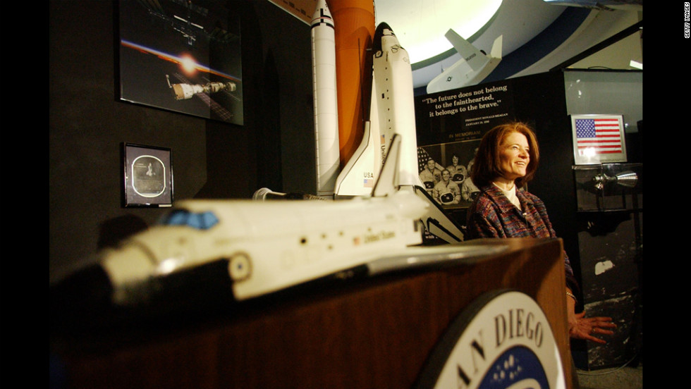 In February 2003, Ride speaks to the media at the San Diego Air &amp;amp; Space Museum.