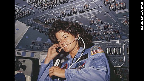 Ride is seen talking with ground control during her six-day space mission on board the Callenger in 1983.