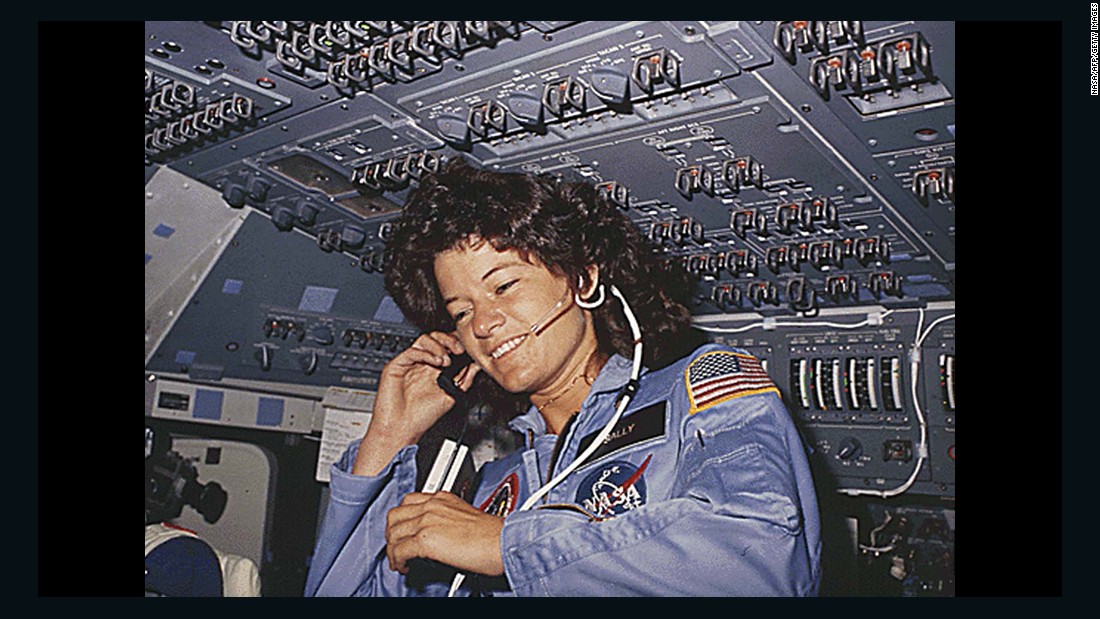 Sally Ride, the first American woman in space, talks with ground control during a six-day mission aboard the space shuttle Challenger in 1983.