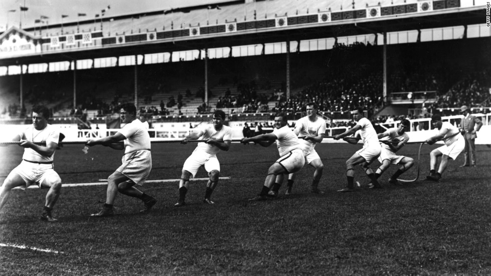 Tug-of-war was one of the events at the 1908 London Olympics. Here, members of the U.S. team test their strength at the stadium in White City. 