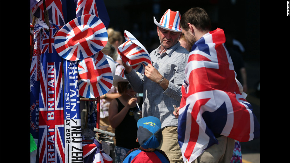 Fans have their choice of Great Britain merchandise before the soccer games begin.