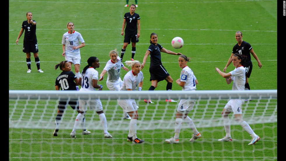 Amber Hearn of New Zealand shoots for a goal.