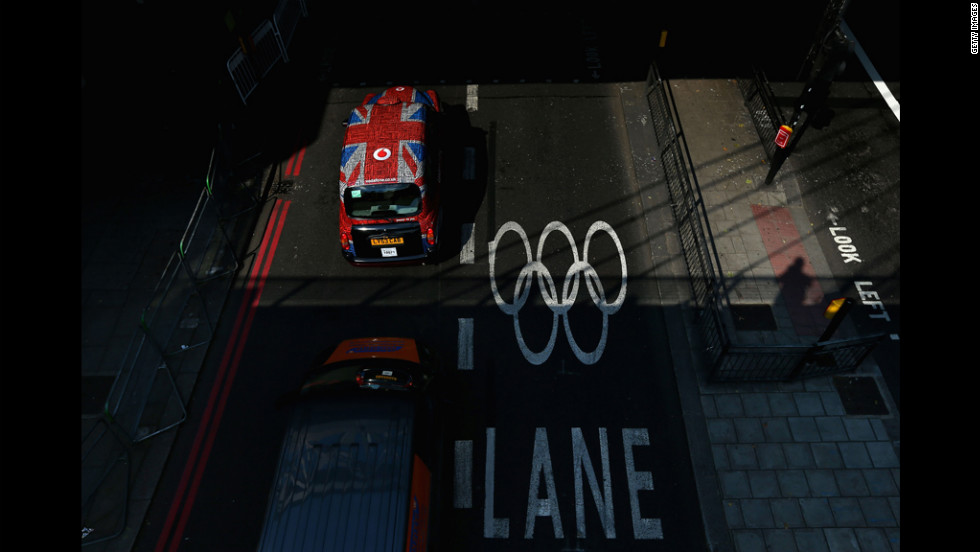 An Olympic lane at the Embankment in London. 