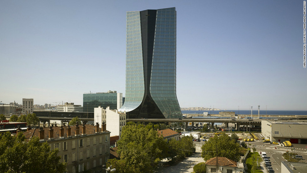 Hadid&#39;s unusual skirted tower on the Marseilles coast.