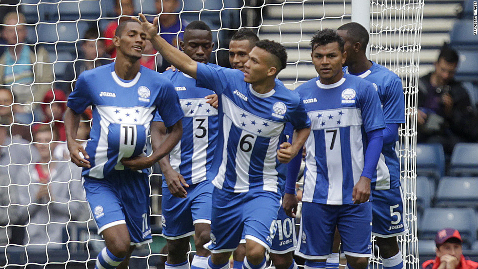 The Honduras men&#39;s soccer team celebrates after scoring a goal against Morocco during a first-round match Thursday.