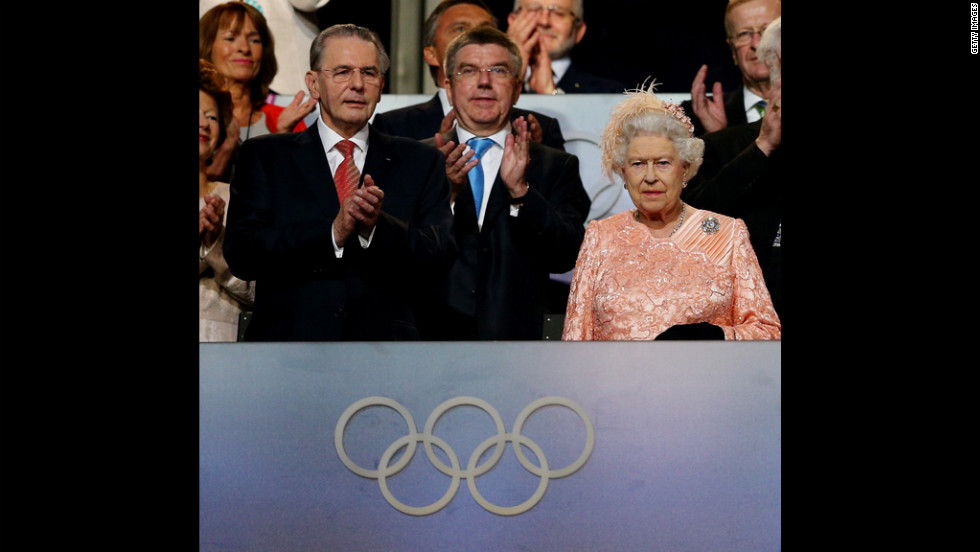 Queen Elizabeth II, right, and Jacques Rogge, president of the International Olympic Committee, attend the ceremony.