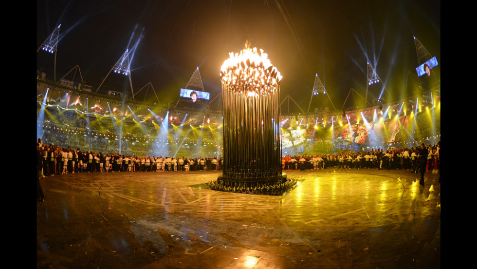 The lit cauldron inside the Olympic Stadium.