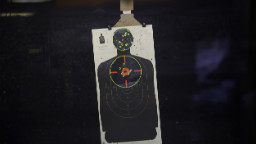 A target sheet hangs at a shooting range July 22 in Aurora, Colorado.