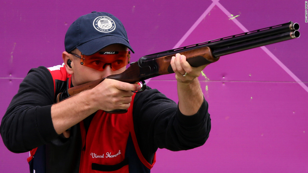 Hancock aims during the men&#39;s skeet shooting qualification round Tuesday at the Royal Artillery Barracks in London. The U.S. Army sergeant also won a gold medal in the 2008 Bejing Olympics.