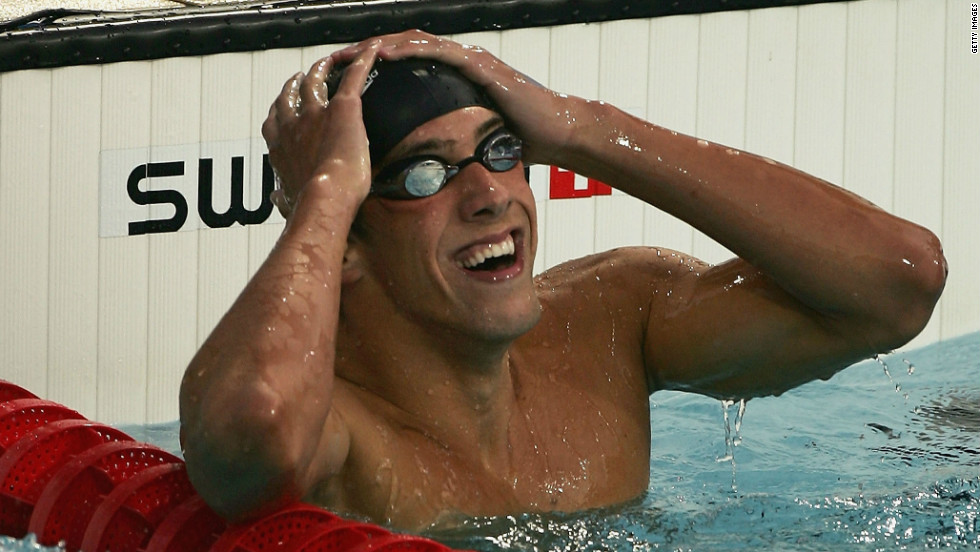 Phelps celebrates winning gold in the 400-meter medley in 2004. It was his first Olympic gold, and it came in a world-record time of 4:08.26.