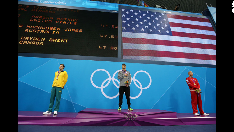 From left, silver medalist James Magnussen of Australia, gold medalist Nathan Adrian of the United States and Brent Hayden of Canada stand with their medals on the podium during the medal cermony for the men&#39;s 100-meter freestyle final.