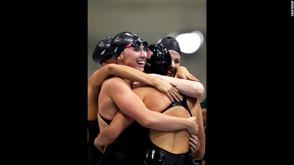 The U.S. team celebrates after winning the 4x200-meter freestyle relay.