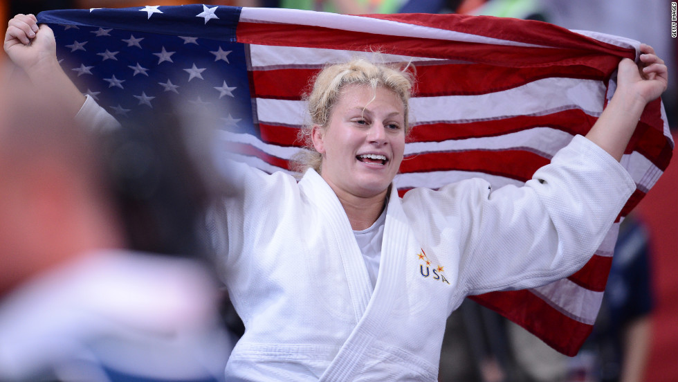 United States&#39; Kayla Harrison reacts after winning the match.