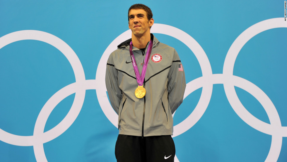 U.S. swimmer Michael Phelps on the podium after winning the men&#39;s 200-meter individual medley in the London Olympics.