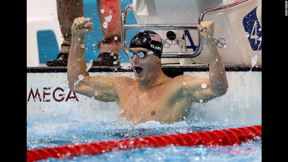 Tyler Clary reacts after winning the gold in the men&#39;s 200-meter backstroke final in London on Thursday, August 2.