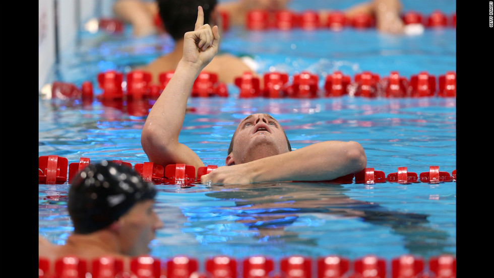 Tyler Clary celebrates after winning the gold in the men&#39;s 200-meter backstroke final. Clary beat Ryan Lochte with an Olympic-record time of 1:53.41.